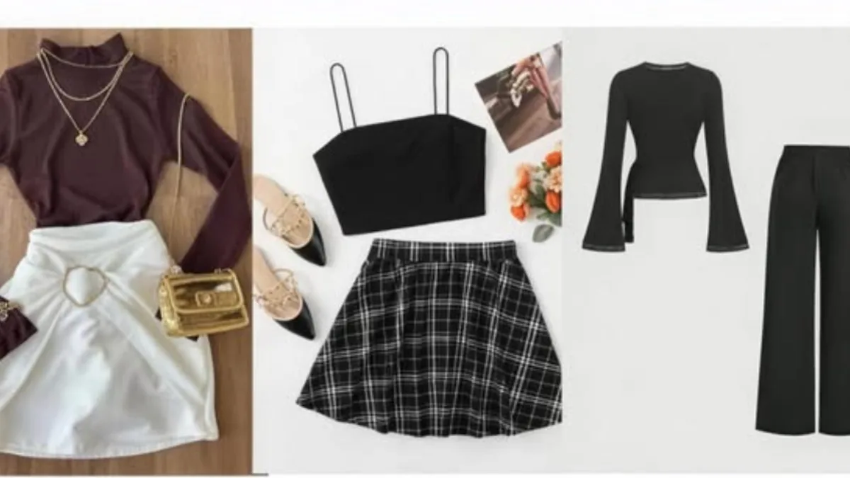 Três looks da Shein: blusa marrom com saia branca, cropped preto com saia xadrez e blusa preta com calça pantalona